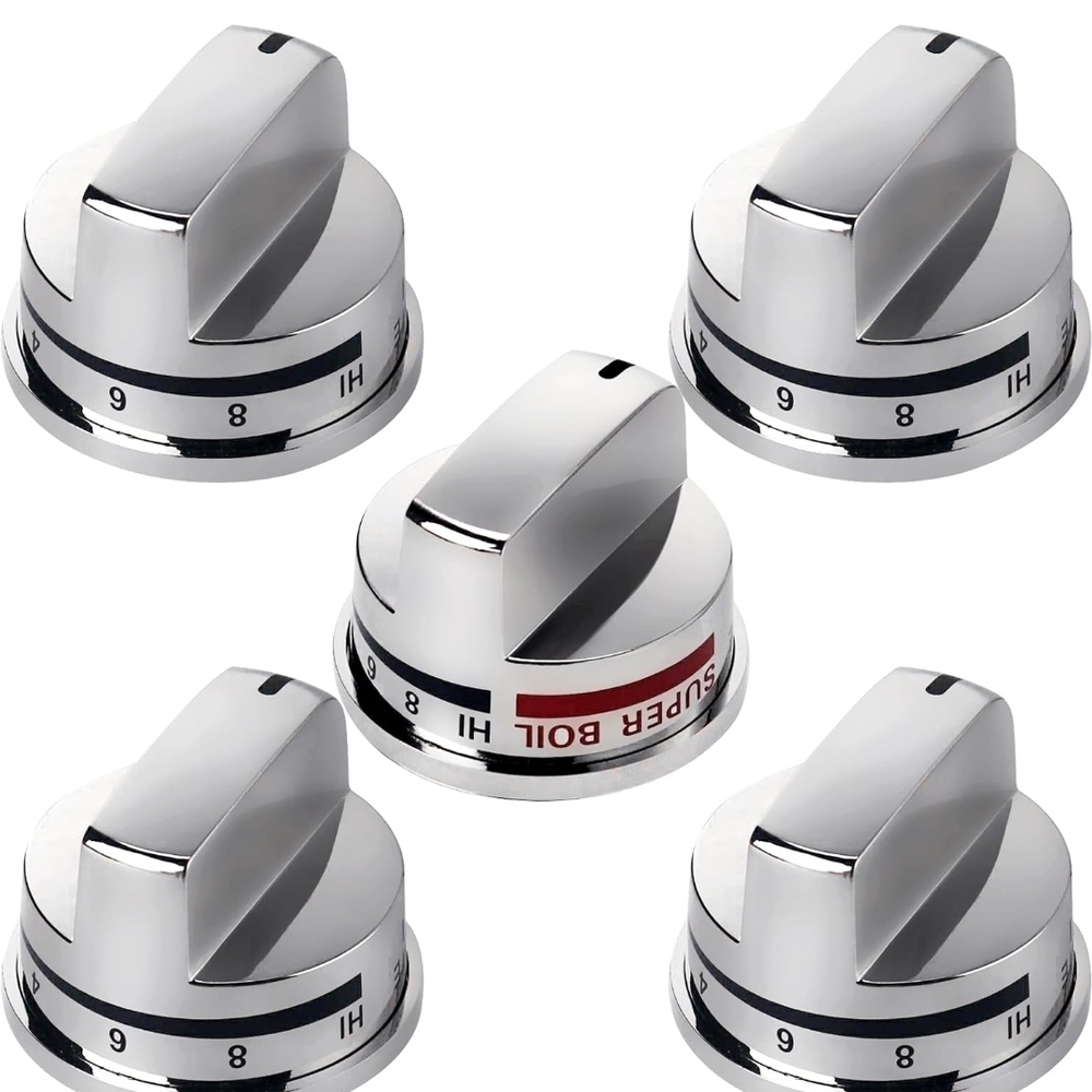 5 Pc. Range And Super Boil Gas Stove Replacement Control Knobs, Silver - New!